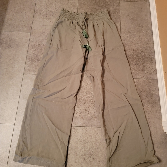 Women's Cotton Linen Pants Loose Elastic Waist Beach Trousers Size Large Olive - Picture 3 of 3